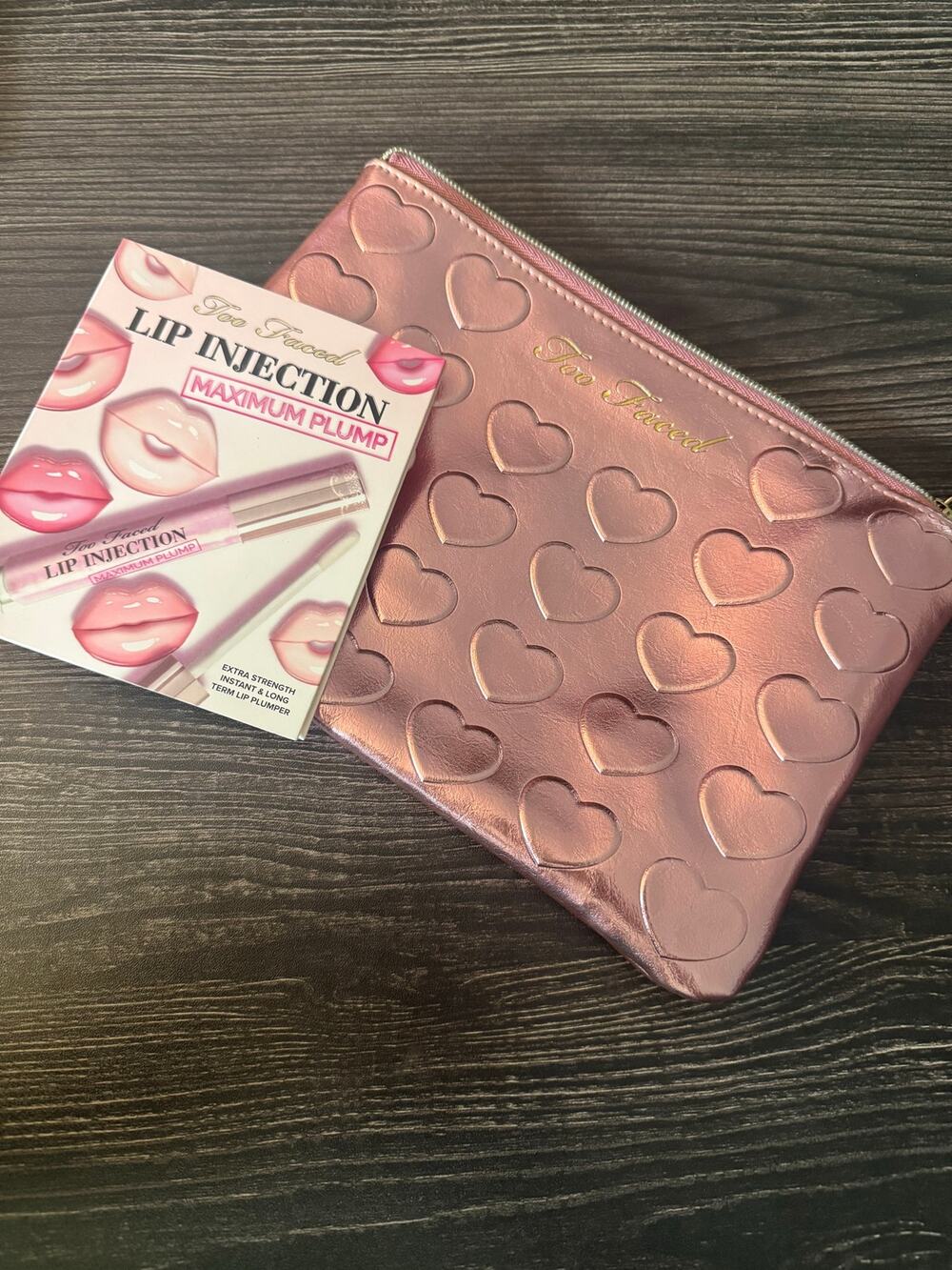 NWT & NWOT Too Faced Metallic Pink Heart Make-Up Bag with Lip Injection Max